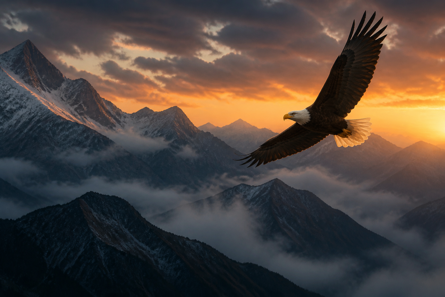 Eagle soaring above misty mountain peaks at dusk